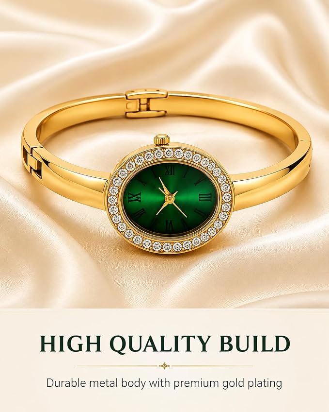 Women's Gold-Tone Bangle Watch | Green Oval Dial | Stylish Analog Watch