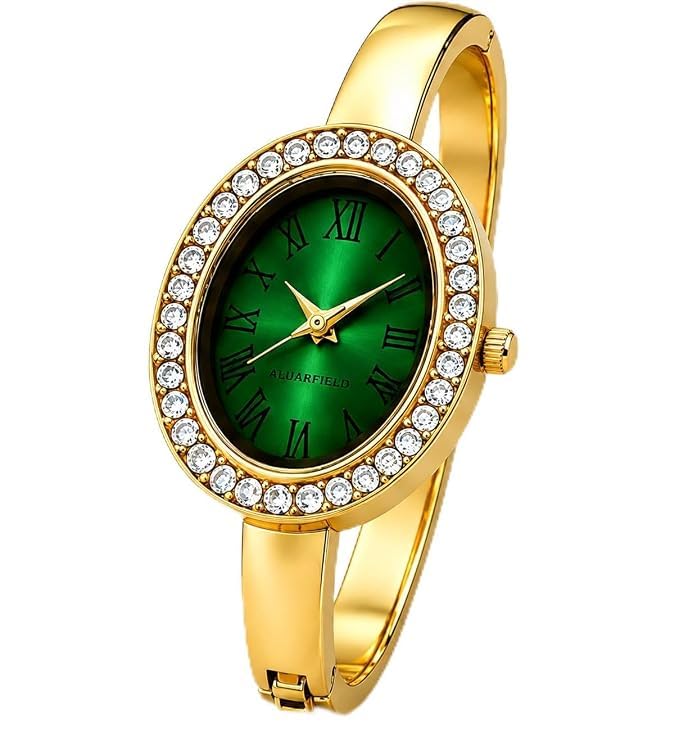 Women's Gold-Tone Bangle Watch | Green Oval Dial | Stylish Analog Watch