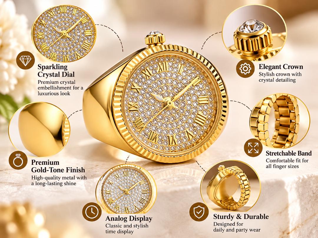 Women's Gold-Tone Crystal Finger Ring Watch