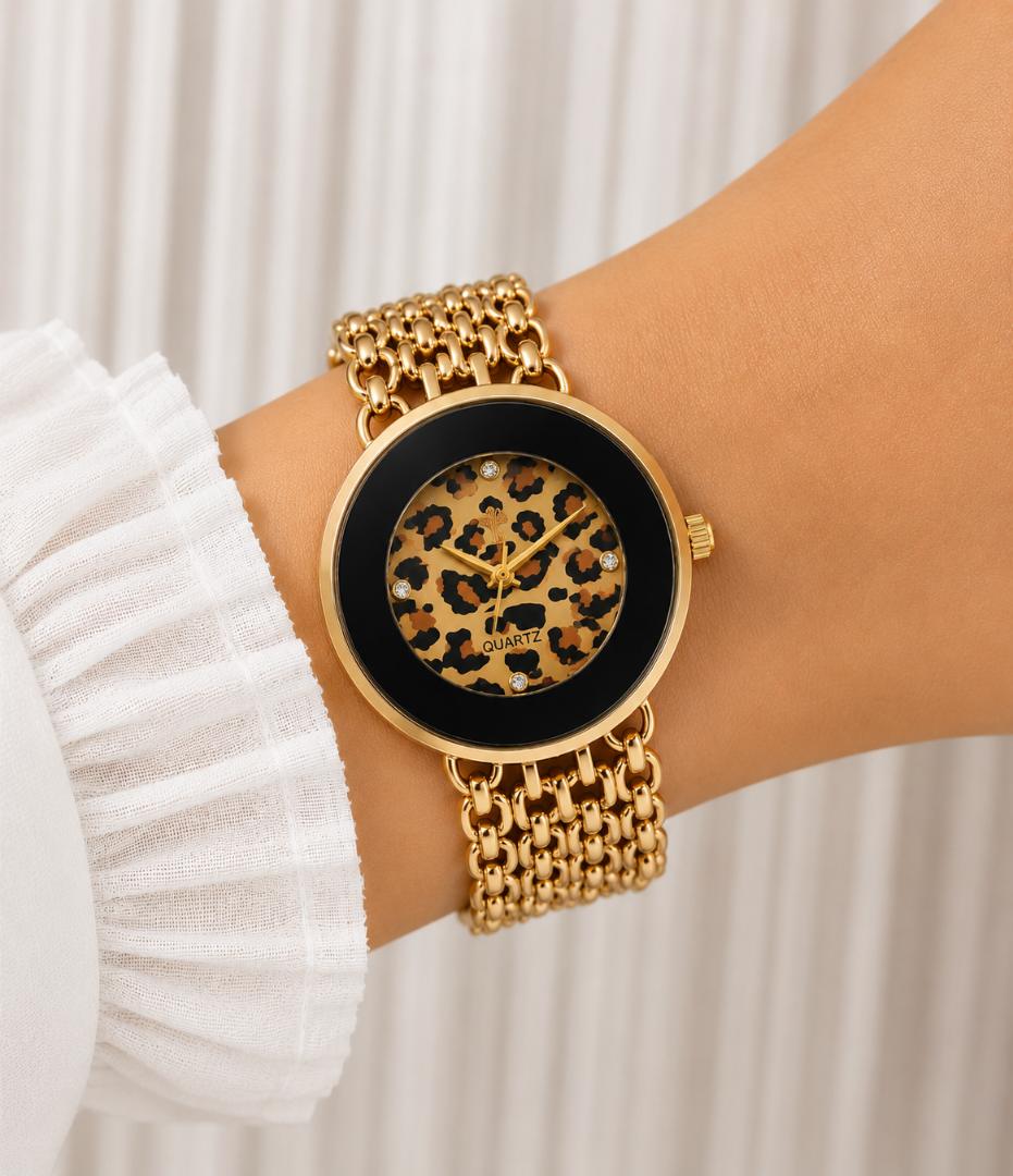 Women's Gold-Tone Leopard Print Quartz Watch with Black Bezel