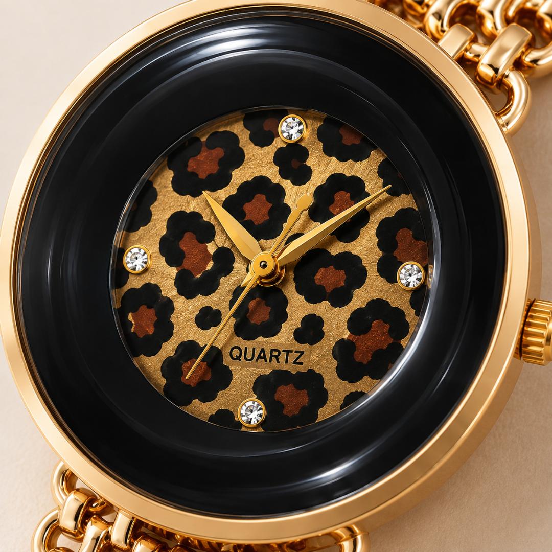 Women's Gold-Tone Leopard Print Quartz Watch with Black Bezel