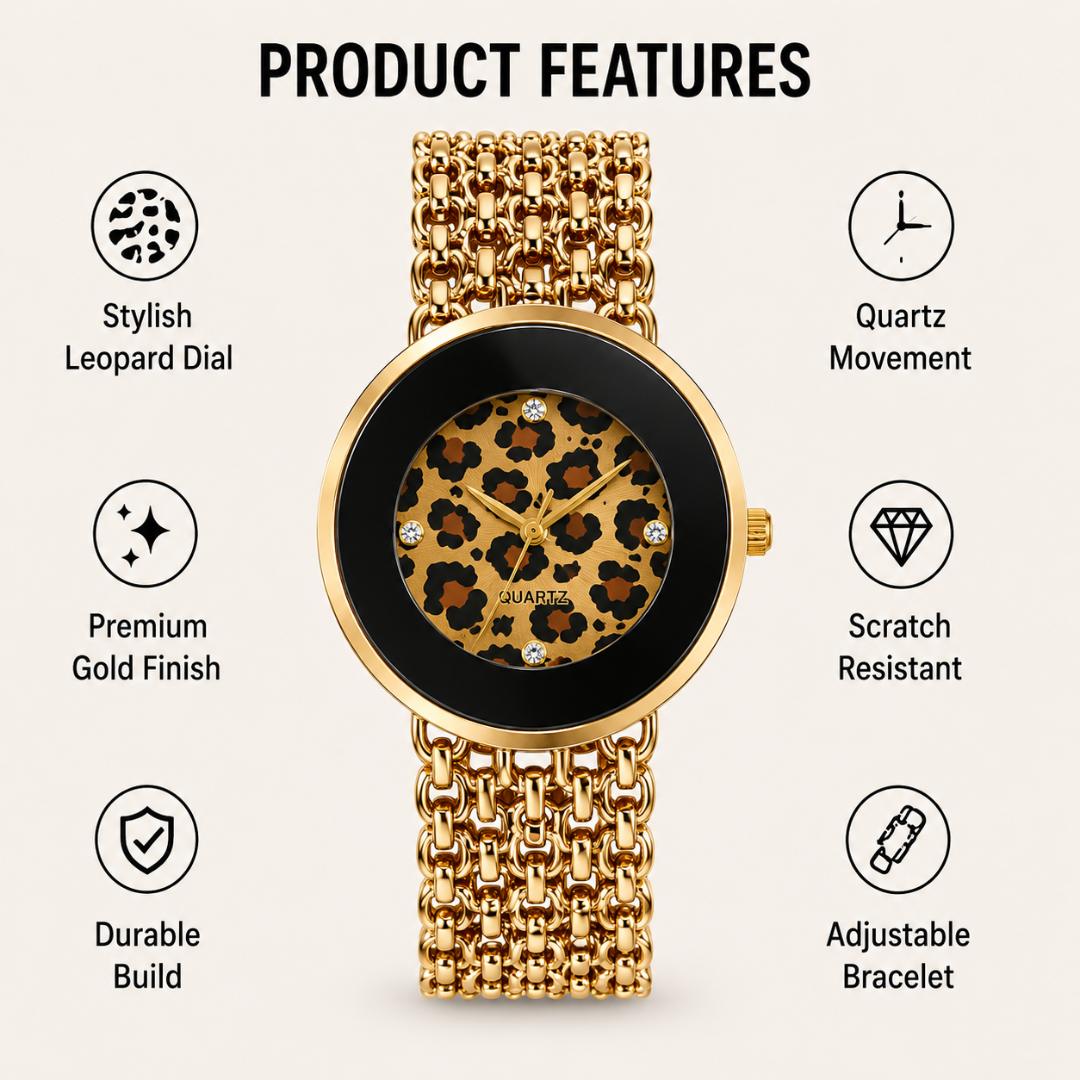 Women's Gold-Tone Leopard Print Quartz Watch with Black Bezel