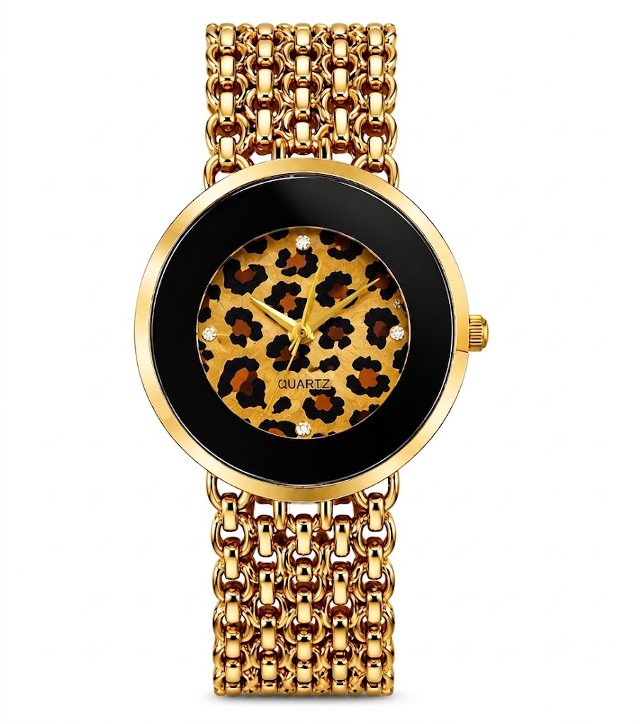 Women's Gold-Tone Leopard Print Quartz Watch with Black Bezel