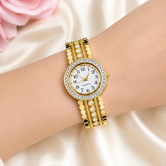 Women’s Gold-Tone Quartz Bracelet Watch | Crystal-Style Bezel | Elegant