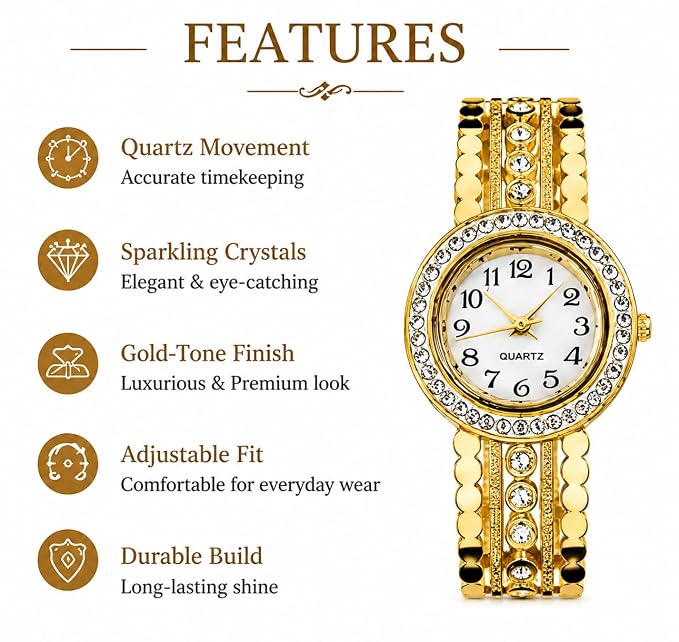 Women’s Gold-Tone Quartz Bracelet Watch | Crystal-Style Bezel | Elegant