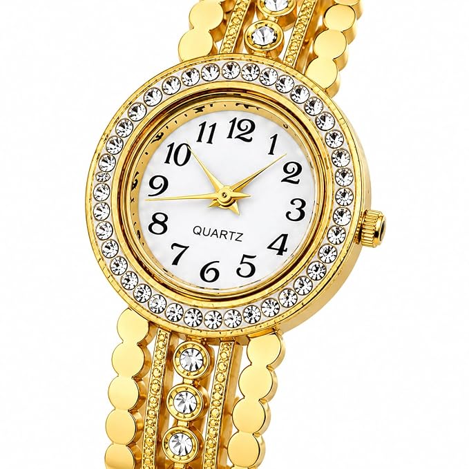 Women’s Gold-Tone Quartz Bracelet Watch | Crystal-Style Bezel | Elegant
