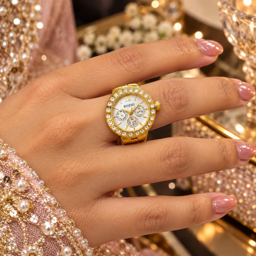 Women's Gold-Tone Rhinestone Finger Ring Watch with White Dial