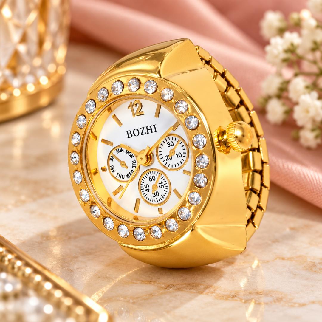 Women's Gold-Tone Rhinestone Finger Ring Watch with White Dial