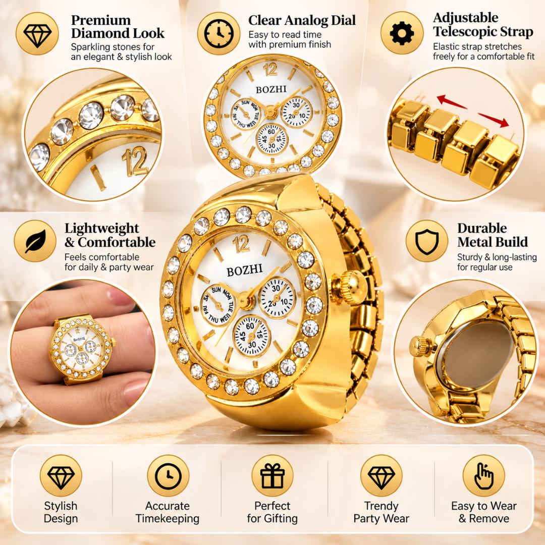 Women's Gold-Tone Rhinestone Finger Ring Watch with White Dial