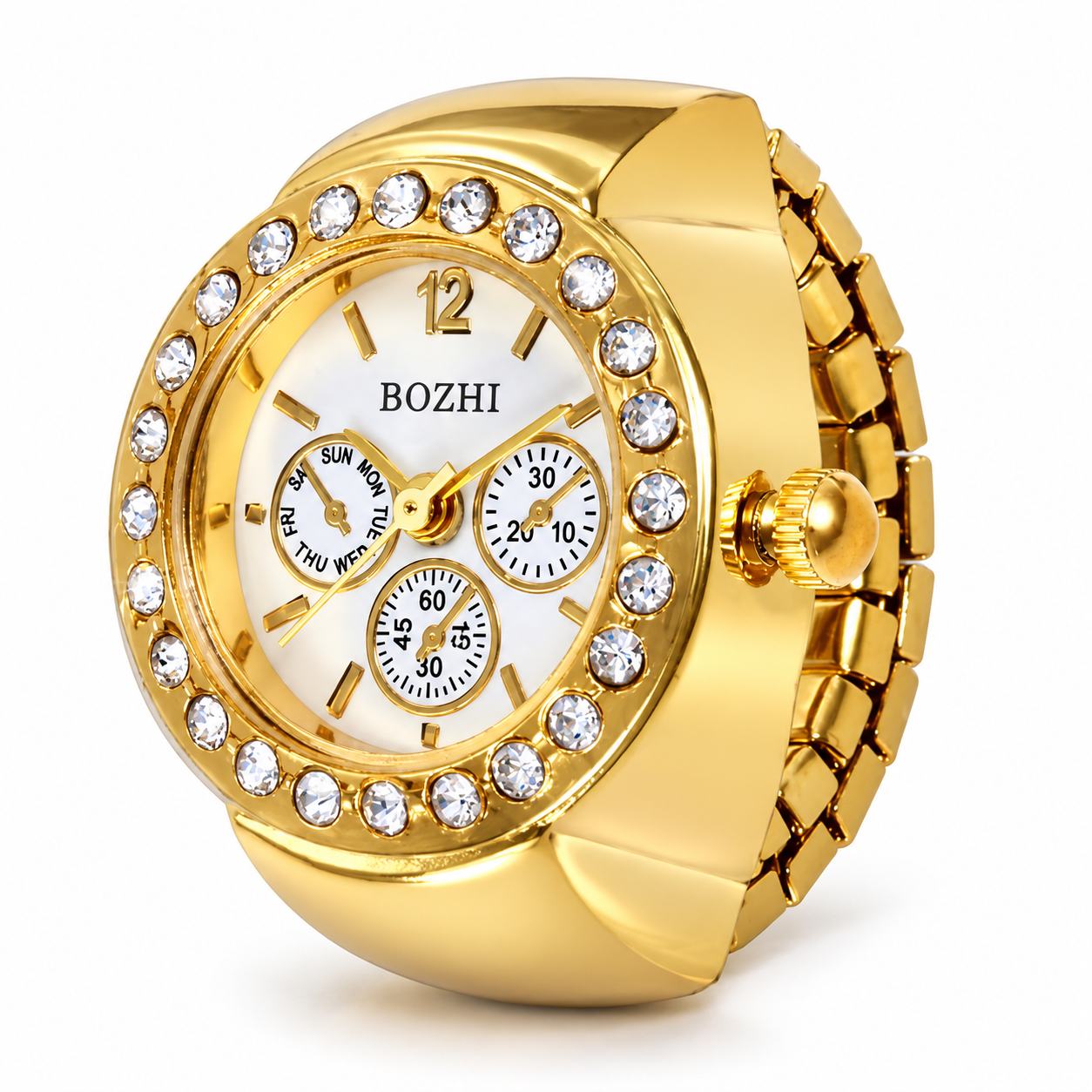 Women's Gold-Tone Rhinestone Finger Ring Watch with White Dial