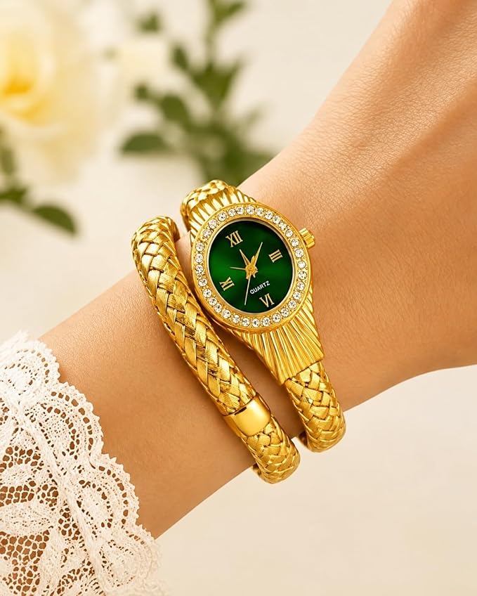 Women's Gold-Tone Snake Quartz Bangle Watch | Green Dial | Crystal Bezel
