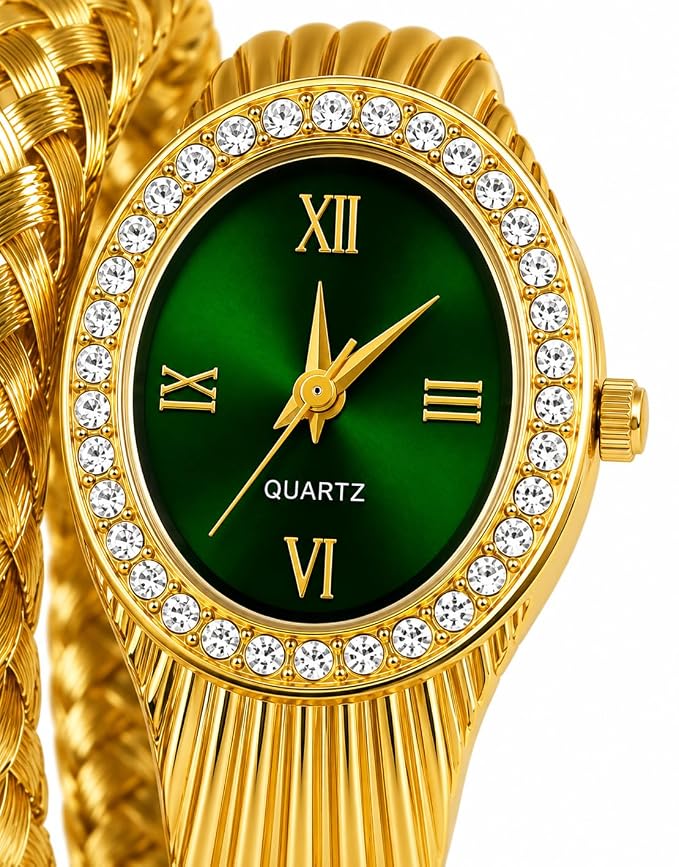 Women's Gold-Tone Snake Quartz Bangle Watch | Green Dial | Crystal Bezel