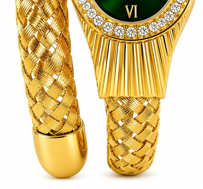 Women's Gold-Tone Snake Quartz Bangle Watch | Green Dial | Crystal Bezel