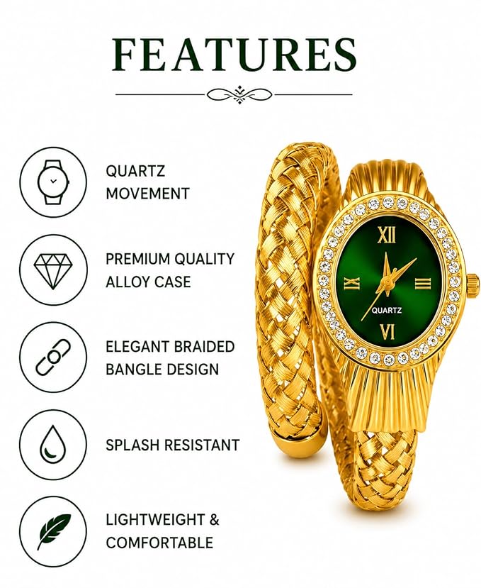 Women's Gold-Tone Snake Quartz Bangle Watch | Green Dial | Crystal Bezel