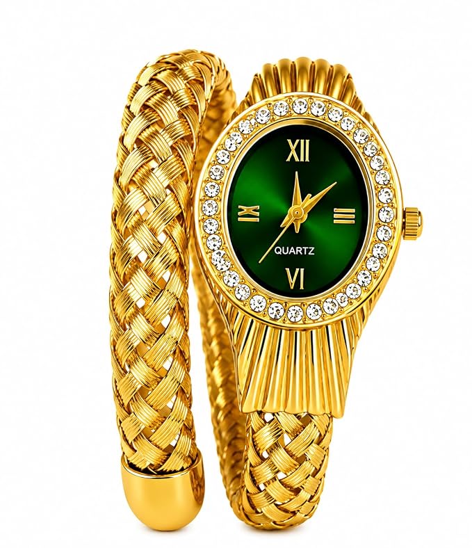 Women's Gold-Tone Snake Quartz Bangle Watch | Green Dial | Crystal Bezel