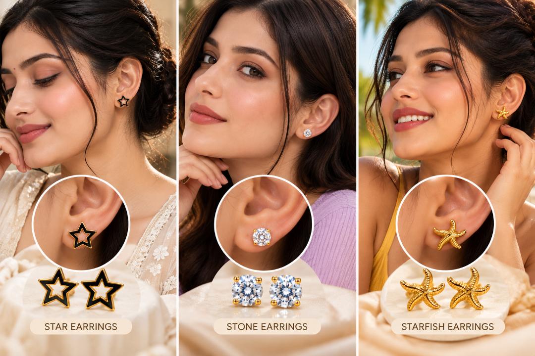 Women’s Gold-Tone Stainless Steel Stud Earrings Set of 3 Pairs – Star, Crystal & Starfish Designs