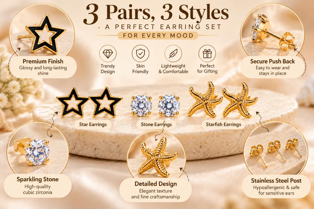 Women’s Gold-Tone Stainless Steel Stud Earrings Set of 3 Pairs – Star, Crystal & Starfish Designs