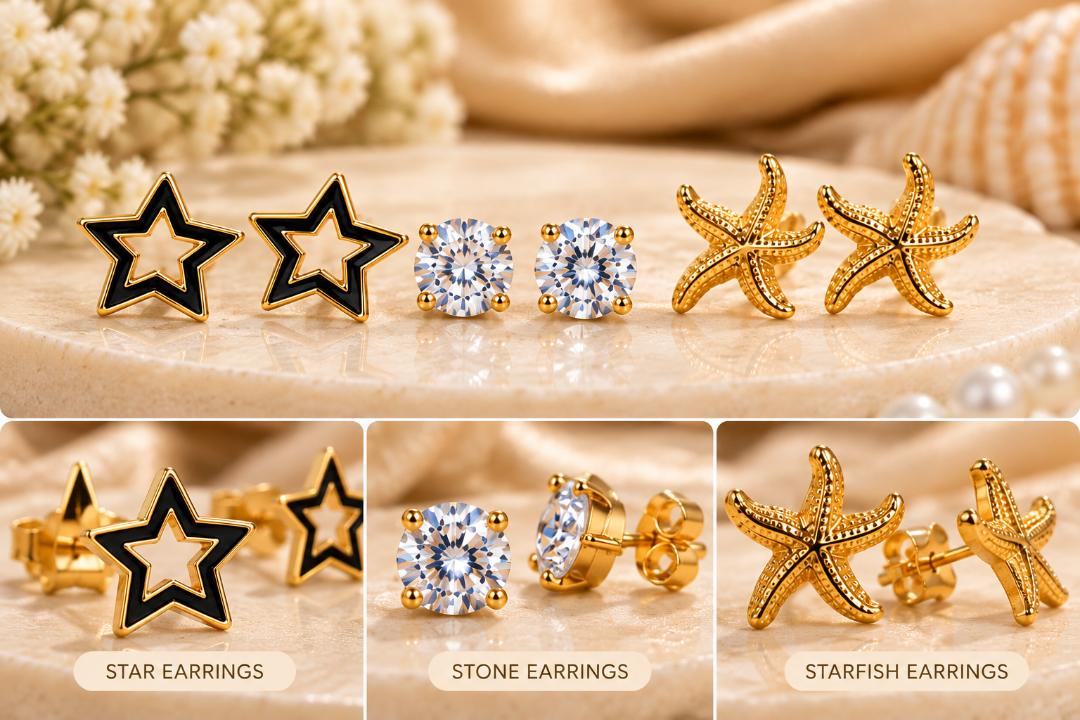 Women’s Gold-Tone Stainless Steel Stud Earrings Set of 3 Pairs – Star, Crystal & Starfish Designs