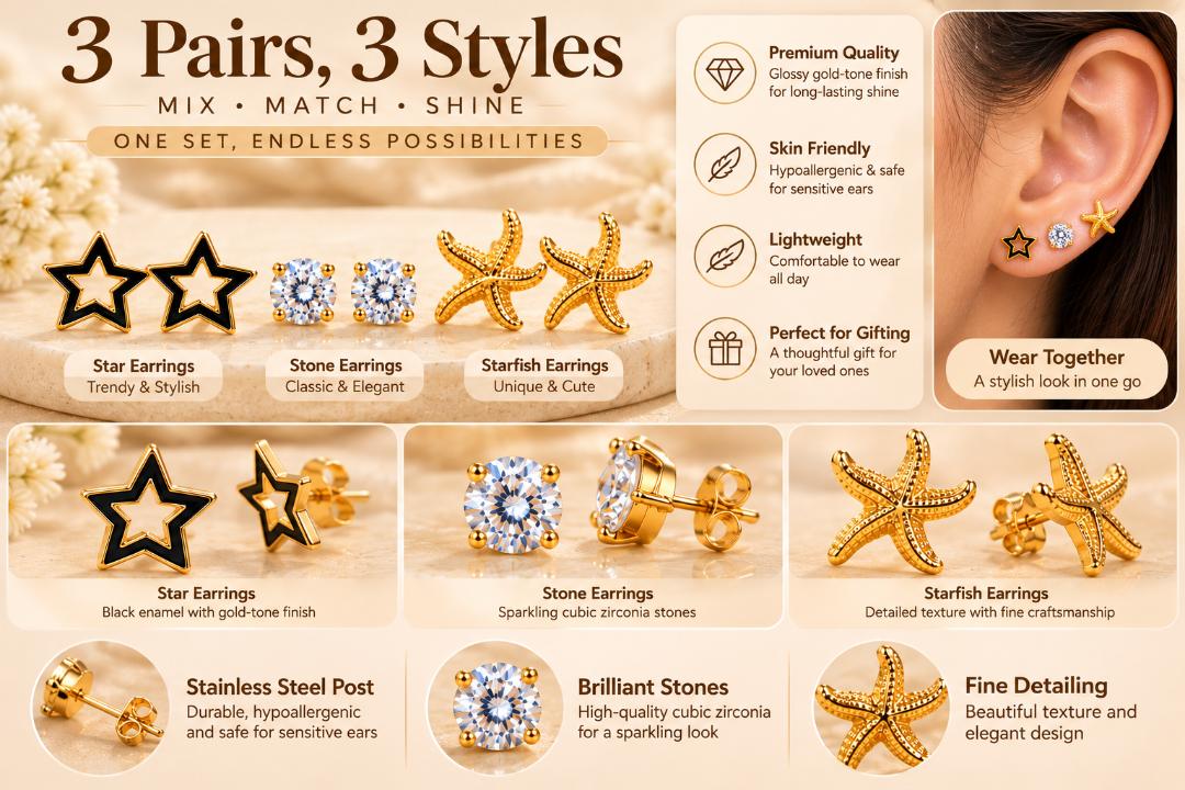 Women’s Gold-Tone Stainless Steel Stud Earrings Set of 3 Pairs – Star, Crystal & Starfish Designs