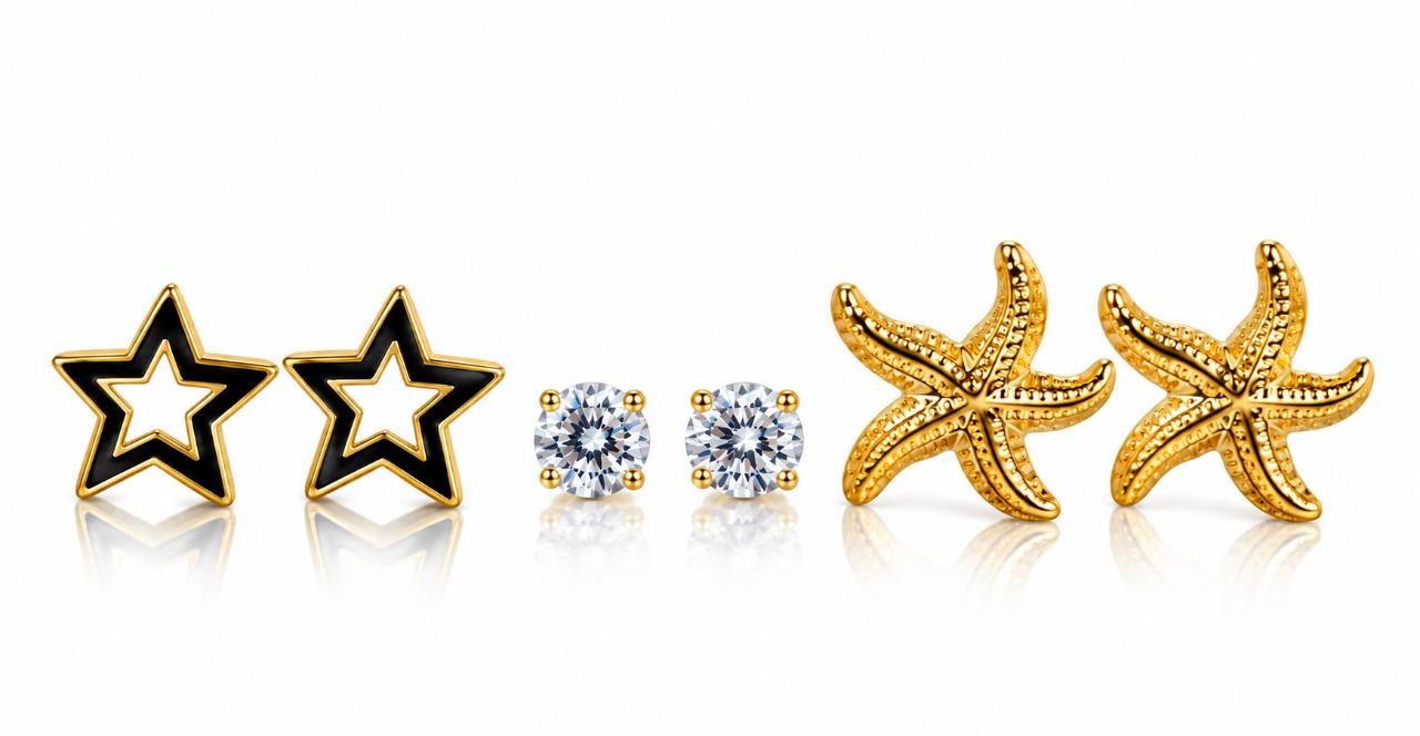 Women’s Gold-Tone Stainless Steel Stud Earrings Set of 3 Pairs – Star, Crystal & Starfish Designs