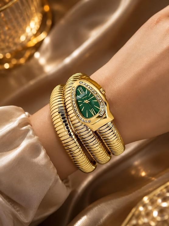Women’s Golden Snake Style Bracelet Watch with Green Dial & Crystal Embellished Bezel