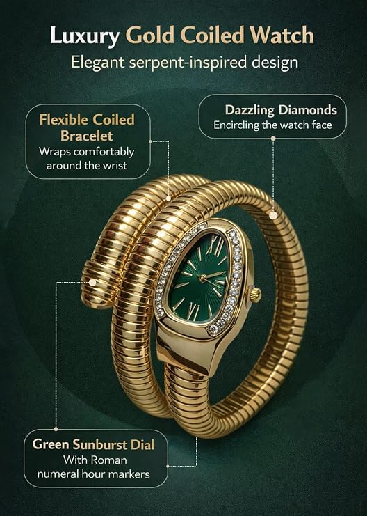 Women’s Golden Snake Style Bracelet Watch with Green Dial & Crystal Embellished Bezel