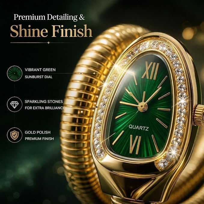 Women’s Golden Snake Style Bracelet Watch with Green Dial & Crystal Embellished Bezel
