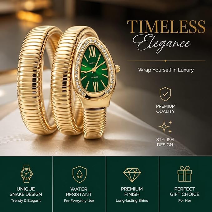 Women’s Golden Snake Style Bracelet Watch with Green Dial & Crystal Embellished Bezel
