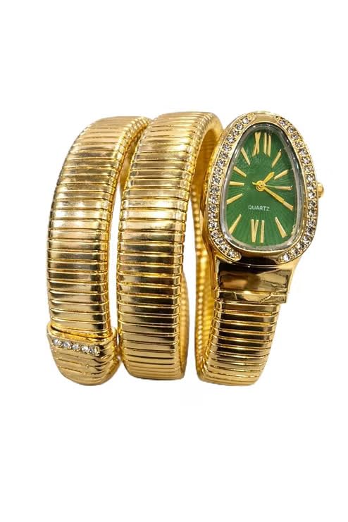 Women’s Golden Snake Style Bracelet Watch with Green Dial & Crystal Embellished Bezel