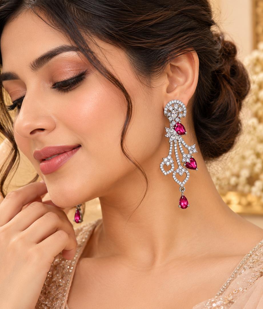 Women’s Pink Stone Silver-Tone Crystal Studded Long Drop Earrings for Party Wear, Wedding and Festive Occasions