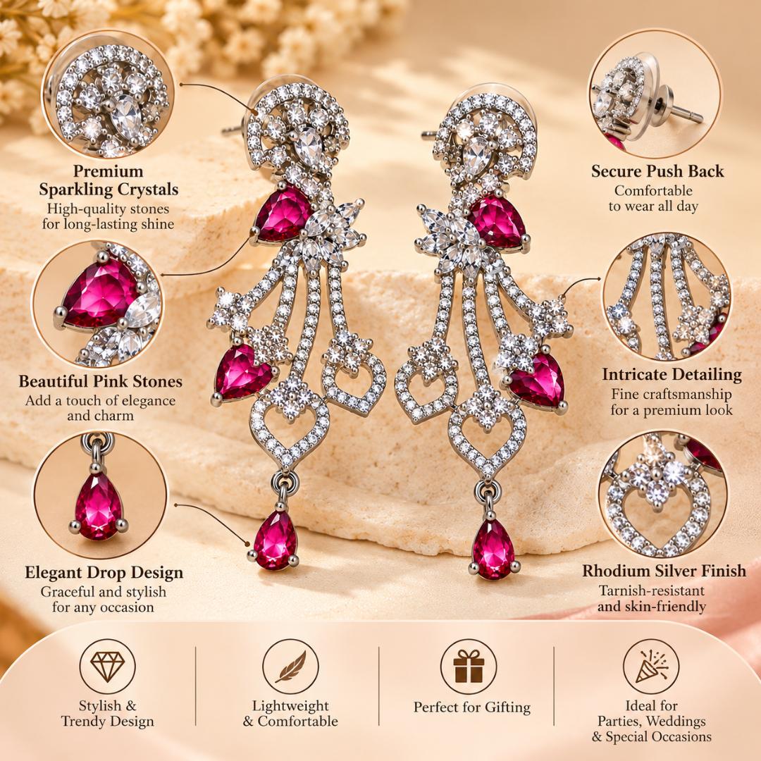 Women’s Pink Stone Silver-Tone Crystal Studded Long Drop Earrings for Party Wear, Wedding and Festive Occasions