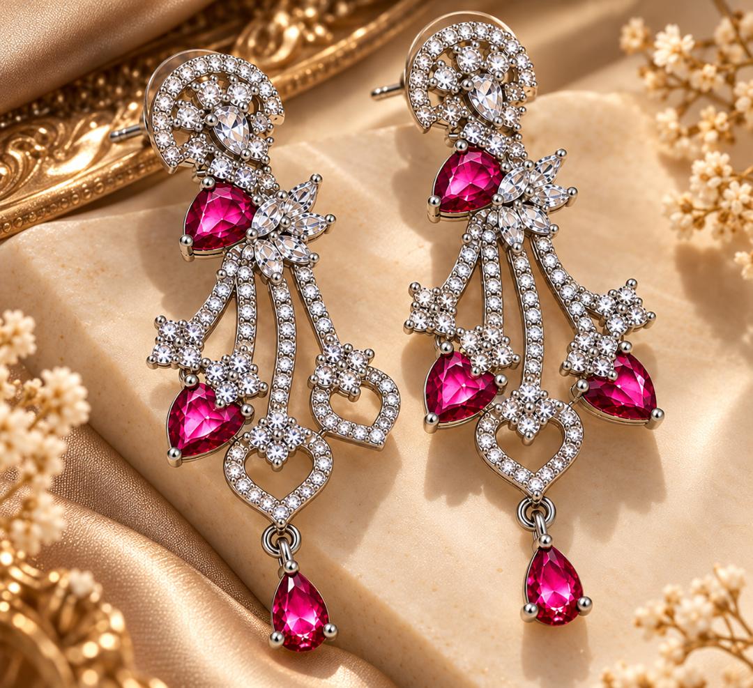 Women’s Pink Stone Silver-Tone Crystal Studded Long Drop Earrings for Party Wear, Wedding and Festive Occasions