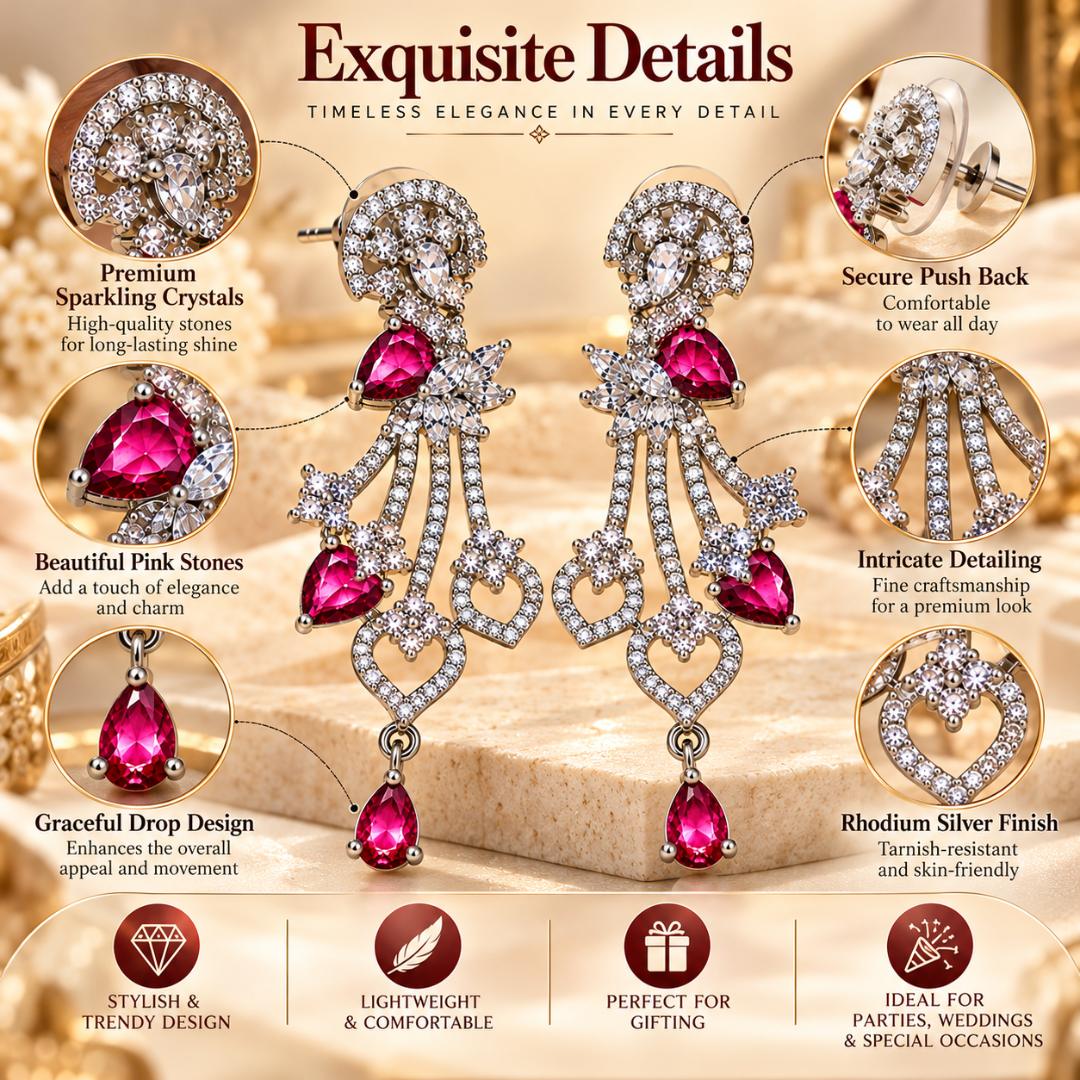 Women’s Pink Stone Silver-Tone Crystal Studded Long Drop Earrings for Party Wear, Wedding and Festive Occasions