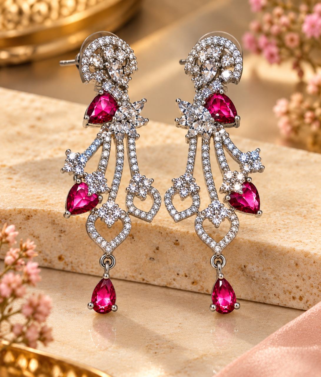Women’s Pink Stone Silver-Tone Crystal Studded Long Drop Earrings for Party Wear, Wedding and Festive Occasions