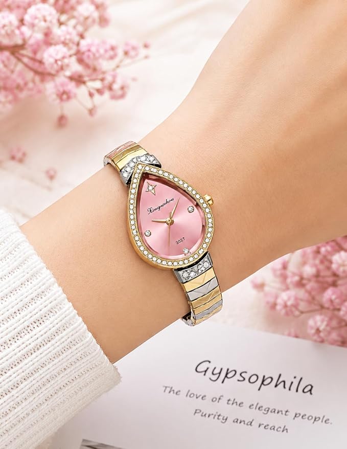 Women's Pink Teardrop Analog Watch | Crystal Bezel | Two-Tone Band