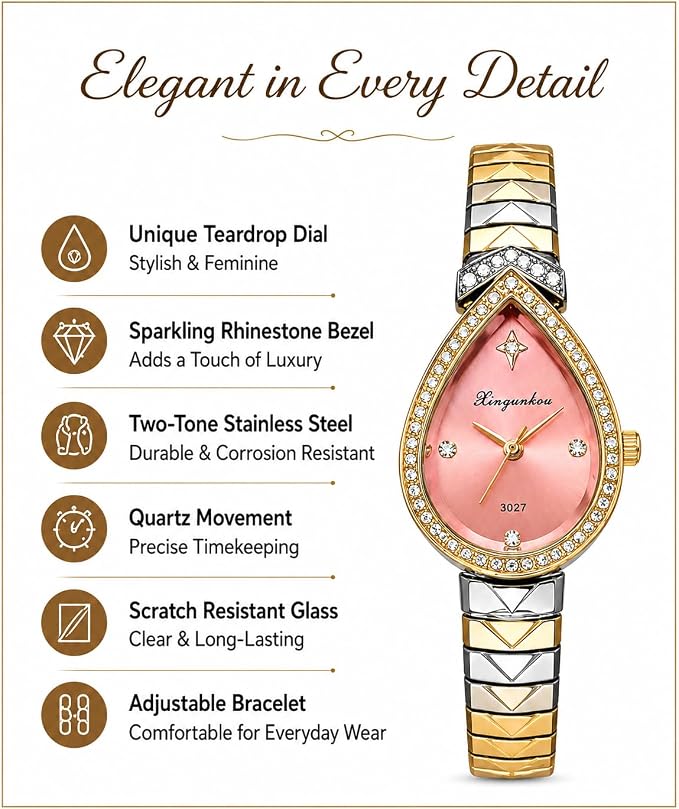Women's Pink Teardrop Analog Watch | Crystal Bezel | Two-Tone Band