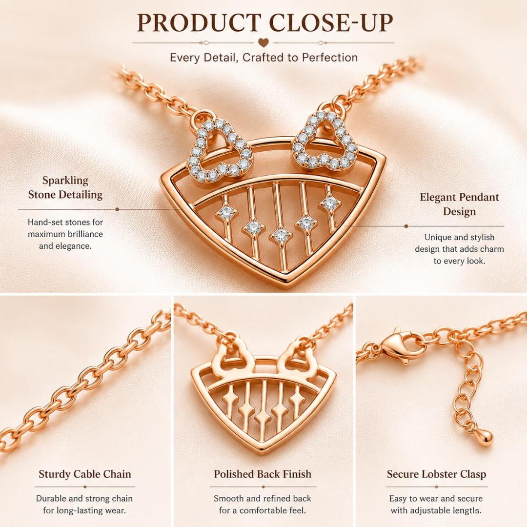 Women’s Rose Gold Heart Pendant Necklace (Pendant Only, Earrings Not Included)