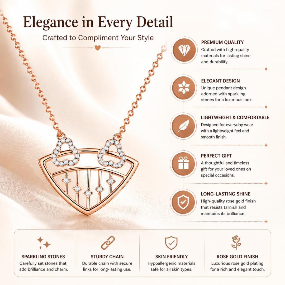 Women’s Rose Gold Heart Pendant Necklace (Pendant Only, Earrings Not Included)