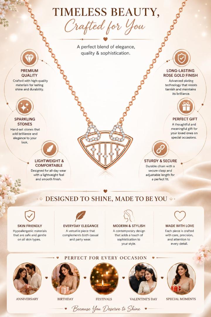 Women’s Rose Gold Heart Pendant Necklace (Pendant Only, Earrings Not Included)