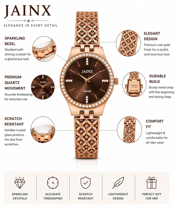 Women’s Rose Gold Watch with Crystal Studded Dial & Bracelet