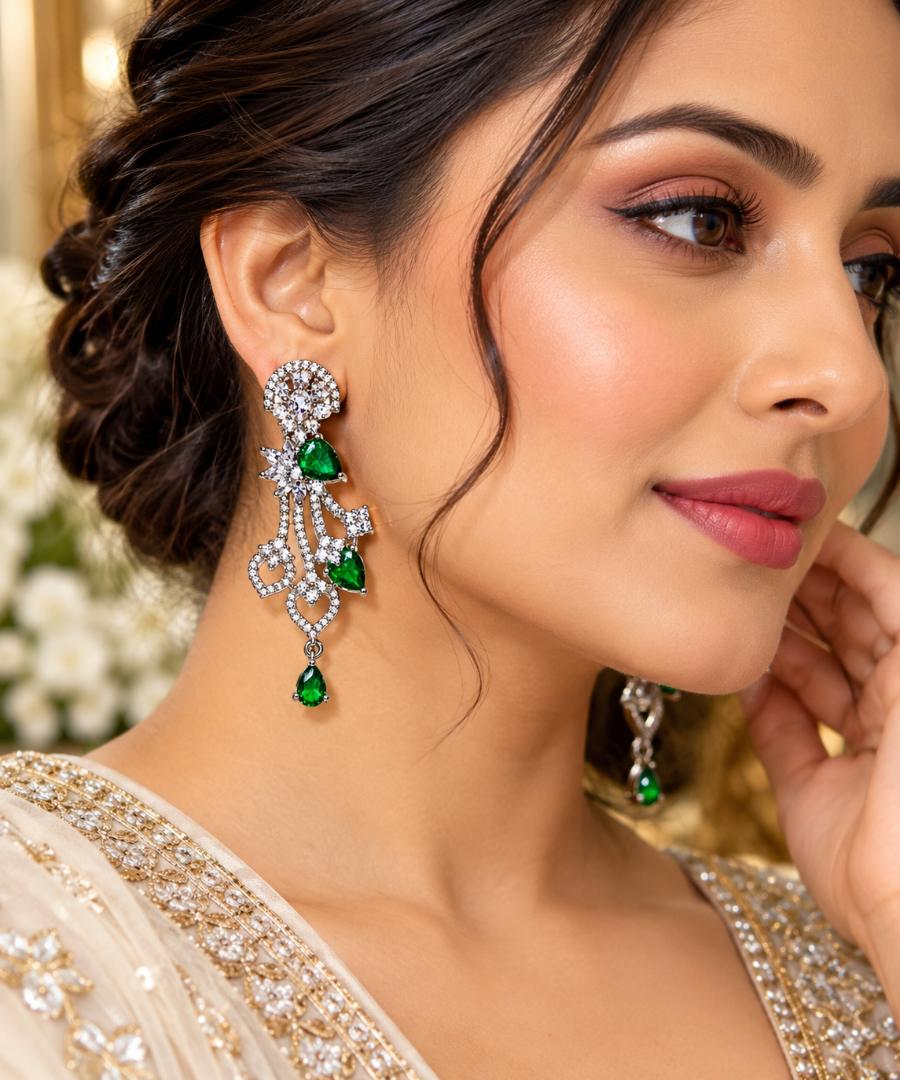 Women Silver-Tone Green Stone Crystal Dangle Earrings