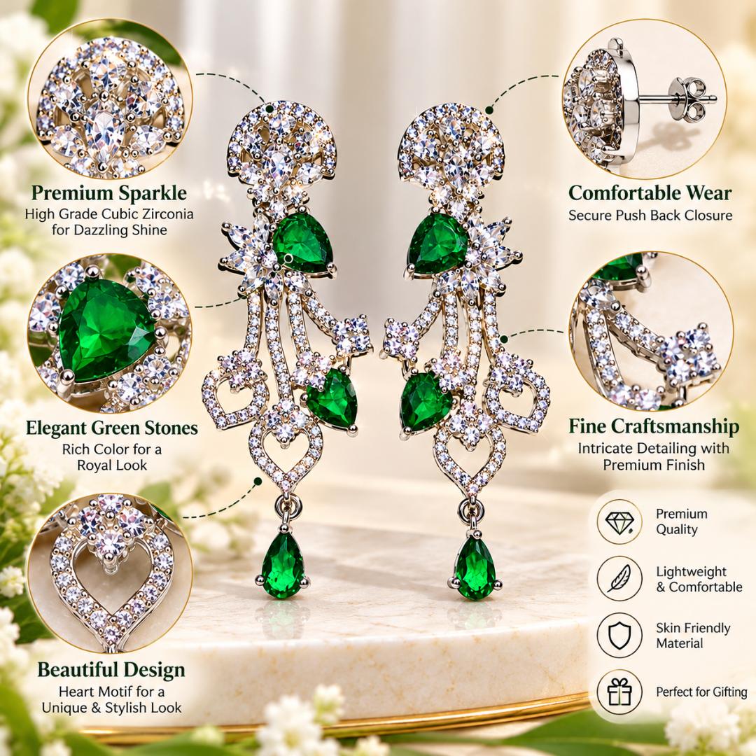 Women Silver-Tone Green Stone Crystal Dangle Earrings