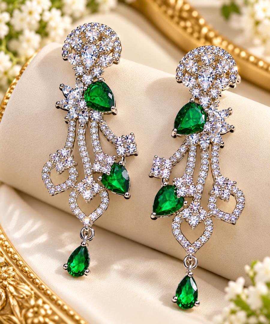 Women Silver-Tone Green Stone Crystal Dangle Earrings