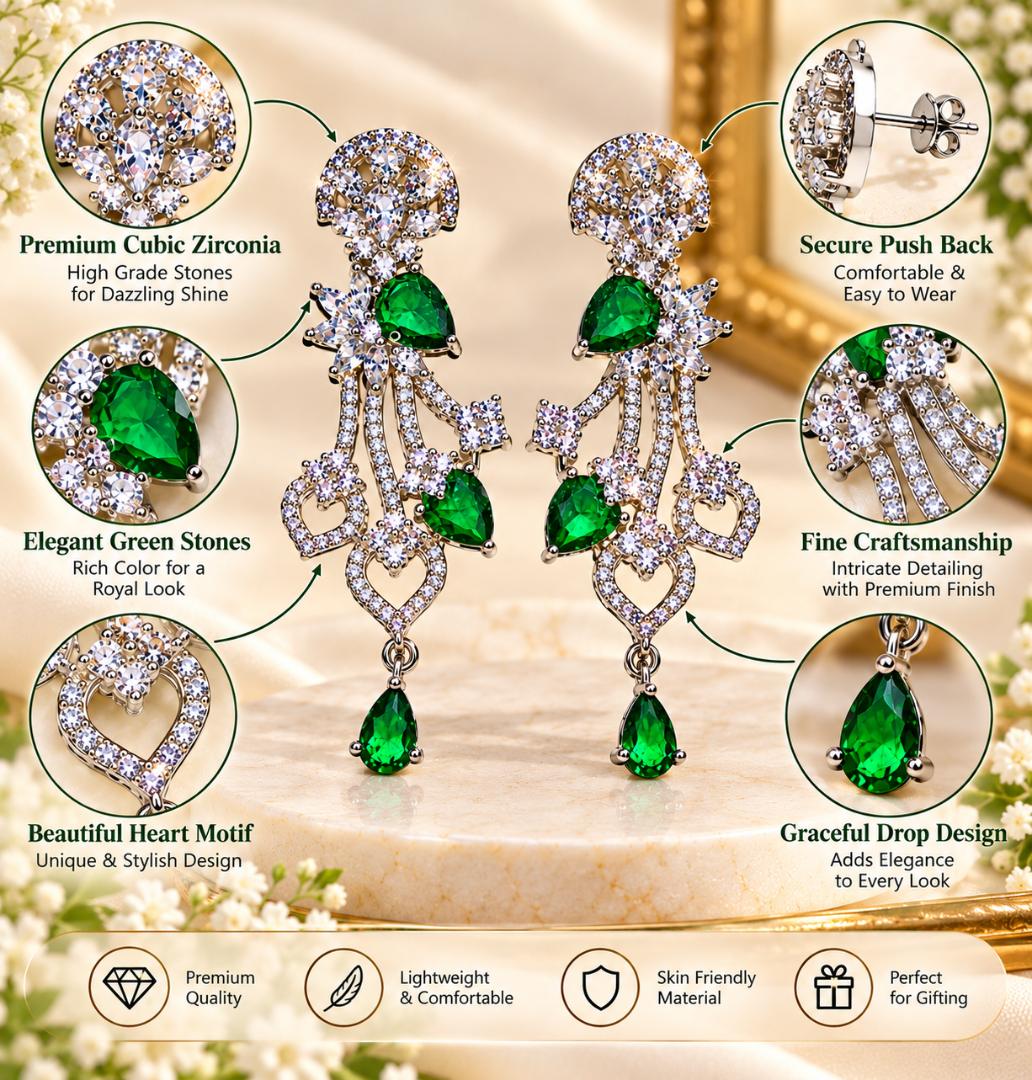 Women Silver-Tone Green Stone Crystal Dangle Earrings