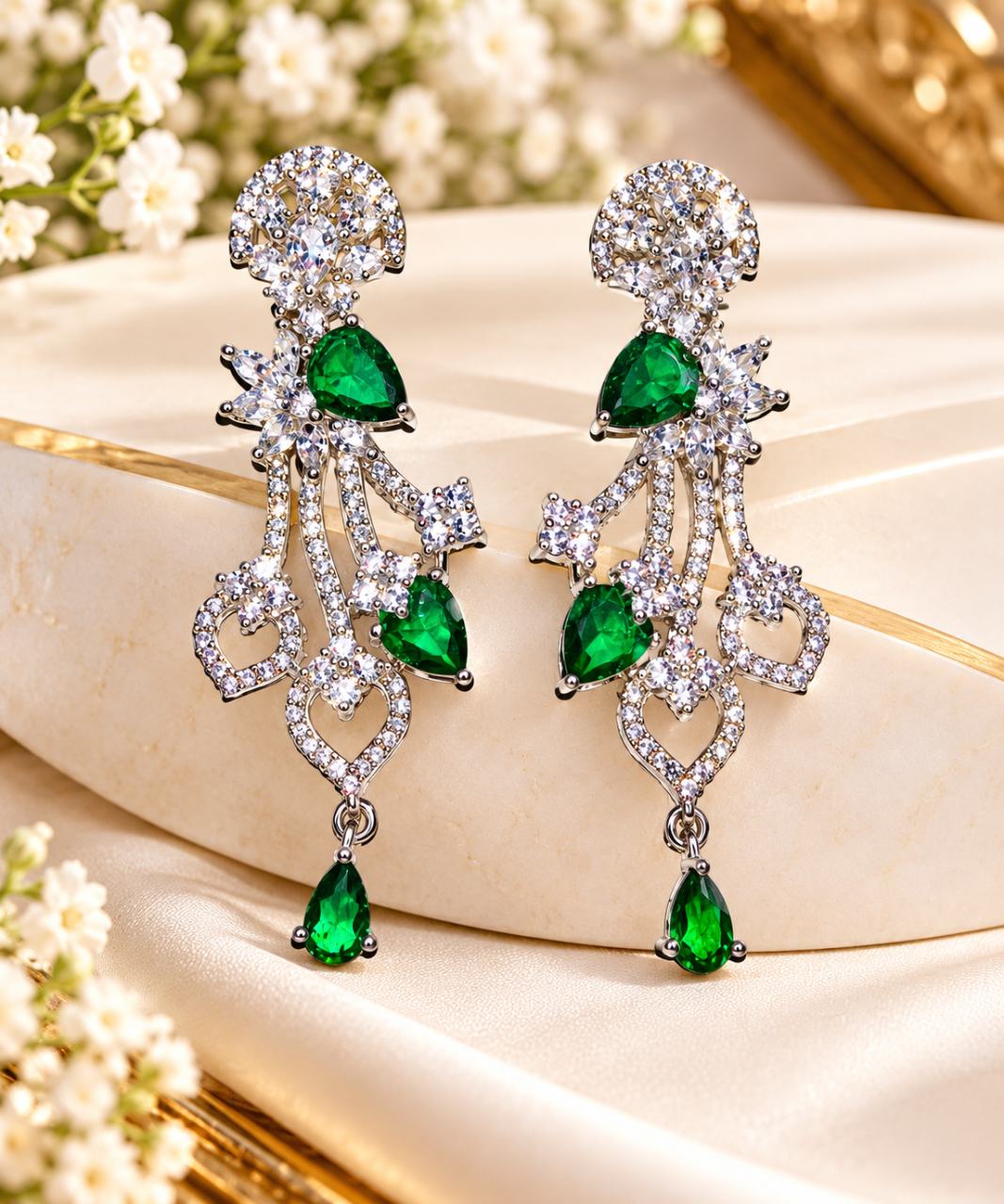 Women Silver-Tone Green Stone Crystal Dangle Earrings